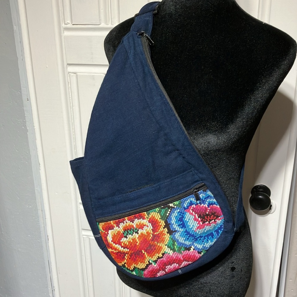 Cotton Sling Bag - Navy Embroidered Floral Design